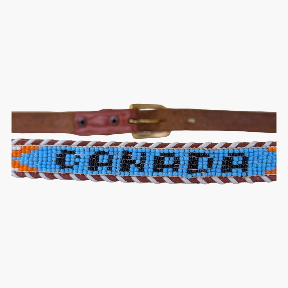 Vintage Tooled Leather Beaded Slim Belt | Western Boho | 29"-33" Waist - Picture 5 of 7
